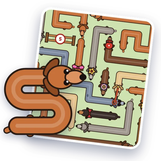 La mascota de Noodle Pups, un perro salchicha en forma de S, delante de un césped lleno de perros salchicha (dachshunds) enredados