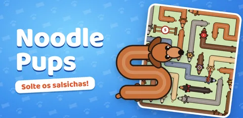 Imagem de destaque com o nome Noodle Pups, o mascote e um tabuleiro