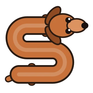 Mascote do Noodle Pups: salsicha marrom em forma de S